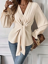 abordables Hauts de Travail pour Femmes-Femme Chemise Chemisier Couleur unie mode Décontractées manche longue Col V Hauts réguliers du quotidien nouer devant Kaki Printemps Automne