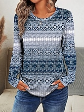 billiga Randig och geometrisk t-shirt-Dam T-shirt Crew Neck Lång Ärmm Tunika Grafisk Geometrisk Lätt Regelbundna Toppar Daglig Tryck Dammig Blå Vår Höst