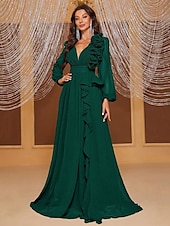 cheap GREEN-A-Line Evening Gown Elegant Dress Formal Wedding Floor Length Long Sleeve V Neck Chiffon with Ruffles Shouder Flower