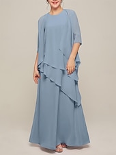 economico Con giacca-Abito Set Abiti Madre della Sposa Abito Elegante Vintage Collo Girocollo Lunghezza Pavimento Chiffon Maniche Lunghe Giacca Abiti con Volant Cascading in Pizzo 2025
