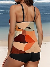 abordables Tankinis-Maillots de bain pour femmes Tankini 2 pièces Maillot de bain boy leg dos nu Vêtements de plage de vacances Color Block Géométrique Col en U Sans manches