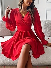 cheap Cocktail Dress-Women&#039;s Mini Dress Casual Dress A Line Dress Stylish Casual Vacation Daily Regular Fit Plain Long Sleeve V Neck Black Red Summer Spring