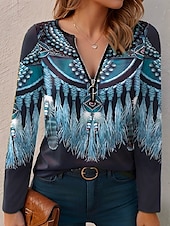 abordables T-shirt Boho-Femme T shirt Graphic Décontractées manche longue Col V Hauts réguliers du quotidien Zippé Imprimer Rose Claire Rouge Bleu Violet Vert Printemps Automne