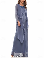 preiswerte Mit Jacke-A-Linie Kleid Kleid Sets Brautmutter Kleid Elegant Einfach Rundhalsausschnitt Bodenlang Chiffon Langärmel mit Perlen tierende Rüschen 2025
