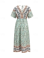 abordables Robes Bohémiennes-Femme robe longue Robe Trapèze Robe d&#039;été robe boheme Elégant Hawaïen mode Vacances du quotidien Rendez-vous Standard Floral Manche Courte Col V Vert Eté