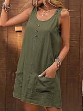 economico Vestiti-Per donna Mini abito Abito casual Abito in cotone e lino Abito senza maniche Essenziale Informale Da mare Giornaliero Standard Liscio Senza maniche Stondata Verde militare Beige Estate Primavera