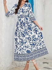 levne Elegantní květinové šaty-Dámské Midi šaty Áčkové šaty Letní šaty Boho šaty Elegantní stylové Geleneksel Dovolená Denní Rande Běžný Květinový 3/4 délka rukávu Do V Vodní modrá Léto