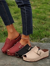 olcso Kényelmes szandálok-női peep-toe wedge öszvérek csatos pántokkal és szegecses díszítéssel – kényelmes felbújós szandál hétköznapi viselethez és nyári kirándulásokhoz