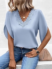 preiswerte Spitzenoberteile-Damen Hemd Bluse Feste Farbe Stilvoll Brautkleider schlicht Halbe Ärmel Eine Glocke V Ausschnitt Normale Oberteile Täglich Spitze Patchwork Rosa Leicht Blau Sommer Frühling Herbst