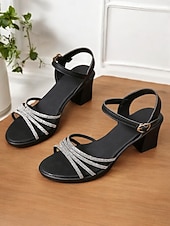abordables Sandalias de tacón-Sandalias negras de tiras con tacón de bloque y pedrería: sandalias de mujer cómodas y elegantes con tiras brillantes, perfectas para uso informal o reuniones de verano.