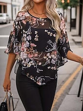 billige Kvinne Grafiske Topper-Dame Skjorte Bluse Blomstret Stilfull Fritid 3/4 ermer Crew-hals Vanlige topper Daglig Netting Trykt mønster Svart Sommer