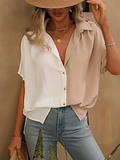 voordelige Vrouwen Werk Tops-Dames Overhemd Blouse Effen Kleur Stijlvol Casual Korte mouw Overhemdkraag Normale tops Dagelijks Knop Zwart Wit Zomer Lente