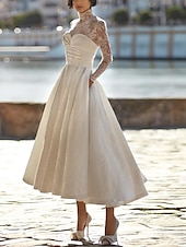 cheap Wedding Dresses-Wedding Dresses A-Line Illusion Neck Long Sleeve Asymmetrical Lace Bridal Gowns With Embroidery Solid Color