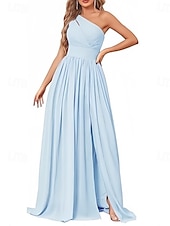 baratos Vestidos para Madrinhas-vestido de dama de honra em corte A, um ombro, sem mangas, elegante, longo, chiffon, com pregas / frente aberta / franzido 2025