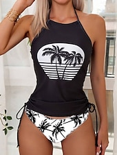 billiga Bikiniset-Damernas badkläder tankini 2 del nedsänkt baddräkt utan rygg semester strandkläder blad halterneck ärmlös baddräkter