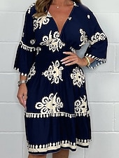 olcso Nyomtasd a virágmintás ruhákat-Női Midi ruha hétköznapi ruha Boho elegáns ruhák Boho ruha Csehország Alkalmi Boho Vakáció Napi Tengerpart Laza öltözet Grafika Hosszú ujj V-alakú Fekete Rubin Lóhere Sárgabarack Nyár Tavasz
