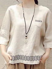 preiswerte Hemden-Damen Hemd Bluse Baumwoll-Leinen-Hemden Geometrisch Basic Lässig Dreiviertelarm Rundhalsausschnitt Normale Oberteile Täglich Patchwork Weiß Braun Grün Sommer Frühling