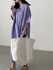 preiswerte Kleider-Damen Langes Kleid Maxikleid Leinen-inspirierte Kleider Freizeitkleid Stilvoll Ethnisch Lässig Urlaub Täglich Date Normale Passform Einfach Halbarm V Ausschnitt Purpur Sommer Frühling