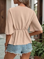 cheap Work Tops-Women&#039;s Shirt Blouse Solid Color Stylish Casual Half Sleeve V Neck Regular Tops Daily Tie Front Khaki Summer Spring