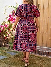 halpa Boho-mekot-Naisten Pitkä mekko Maxi mekko Rento mekko A linjainen mekko Kesämekko Boho-mekko Tyylikäs Havaijilainen Loma Päivittäin Deitti Ylisuuret Kukka Lyhythihainen Solmittava kaula Rubiini Kesä
