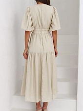 abordables Robe de cocktail-Femme Robe Maxi Robe casual Robe Trapèze mode basique Décontractées Vacances du quotidien Standard Plein Demi Manches Col V Vert Beige Eté Printemps