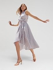 levne Květinové šaty-Dámské Resort Wear Elegantní šaty Maxi dlouhé šaty Vodní modrá Krátký rukáv Proužek kravata vpředu S proužky Potisk Jaro léto Vpředu do kříže Elegantní prázdniny šaty na dovolenou S M L