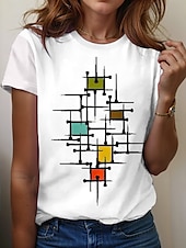 billige Kunst &amp; Design t-skjorte-Dame T skjorte Geometrisk Fritid Langermet Crew-hals Vanlige topper Daglig Knapper Trykt mønster Asymmetrisk Hvit Vår Høst