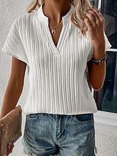 abordables Hauts de Travail pour Femmes-Femme T shirt Plein basique Décontractées Manche Courte Col cranté Hauts réguliers du quotidien Fin de semaine Blanche Bleu Eté