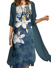 ieftine Rochii set-Pentru femei Set de rochii Rochie casual Elegant Modă Floral Imprimeu Asimetric Rochii Midi Manșon Lung Stil Nautic În aer liber Vacanță Albastru piscină Mov Albastru Închis Vară Primăvară Fit regulat