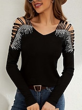 preiswerte Damen Einfache Oberteile-Damen Elegante Oberteile Elegant Langarm V Ausschnitt Normale Oberteile Schwarz Weiß Sommer Frühling