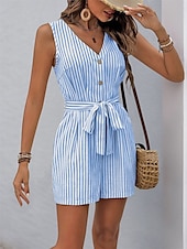 abordables combinaisons décontractées-Femme Normal Combishort Actif Rayé Sans Manches Col V Boutons Poche Vacances du quotidien Ample Kaki Bleu clair Eté