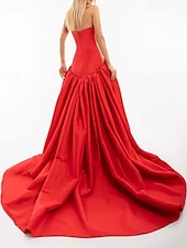 preiswerte ROT-Ballkleid A-Linie Abfall Taille Abendkleid Promistil Blumen Kleid Karneval Formal Watteau Zug Ärmellos Strapless Satin mit Rüschchen
