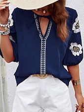 preiswerte Damen Urlaub Oberteile-Damen Hemd Bluse Blumen Stilvoll Brautkleider schlicht Kurzarm V Ausschnitt Normale Oberteile Täglich mit Schnürung Bestickt Weiß Marineblau Sommer Frühling