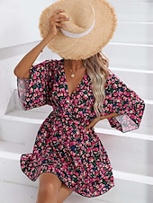 voordelige Casual bloemenjurken-Dames Mini-jurk Casual jurk A lijn jurk Stijlvol Casual Vakantie Dagelijks Normale pasvorm Bloemig 3/4 mouw V-hals Zwart Rood Zomer Lente