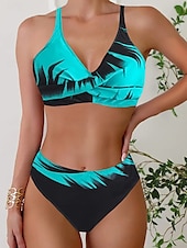 billiga Bikiniset-Dam Badkläder Bikini 2 st Kaxig Baddräkt Öppen rygg Smal Semester Standkläder Grafisk V-hals Ärmlös Baddräkter