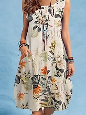ieftine Rochii de Vacanță-Pentru femei Rochii Midi Rochie casual Elegant Stilat De Bază Vacanță Zilnic Fit regulat Floral Fără manșon Stil Nautic Galben Roșu-aprins Bleumarin Vară Primăvară