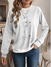 economico Animali Tops-Per donna Felpe Gatto Informale Manica lunga Rotonda Top regolari Ufficio Da giorno Informale Stampa Bianco Autunno Inverno