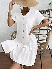 abordables Robes-Femmes Mini Robe Robes en coton et lin Élégant Basique Occasionnel Quotidien Coupe régulière Uni Manche Courte Col en V Blanche Jaune Été
