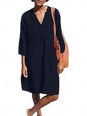 abordables concevoir des robes en coton et lin-Femmes Robe Midi Robes en coton et lin Robe Décontractée Basique Occasionnel Vacances Quotidien Coupe régulière Uni Manche 3/4 Col en V Noir Blanche Vert Claire Bleu clair Été