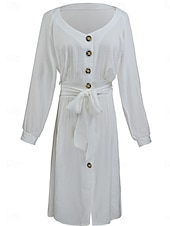 preiswerte Kleider aus Baumwolle und Leinen entwerfen-Damen Midikleid Baumwoll-Leinen-Kleider Freizeitkleid A Linie Kleid Basic Urlaub Täglich Normale Passform Einfach Langarm V Ausschnitt Weiß Sommer Frühling