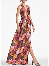 billiga Blommor-A-linjig Aftonklänning Hög Slits Klänning Strand Bröllop Formell Bröllop Gäst Golvlängd Ärmlös V-hals Ficka Satin med Blommönster Slits Ficka Derby Klänning Racedag Klänning Bröllop Gäst Klänning 2025