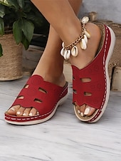 cheap Comfort Sandals-Women&#039;s Red Slip-On Sandals with Cut-Out Design, Comfortable Sole and Casual Style for Summer Wear and Daily Outings