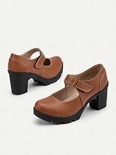 cheap Platform Heels-Women&#039;s Brown Mary Jane Heels with Velcro Strap – Comfortable Chunky Heeled Shoes for Casual and Everyday Wear