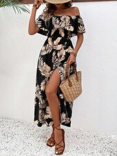 economico Abiti da vacanza-Per donna Vestito maxi Abito casual Abito linea A Moda Informale Da mare Giornaliero Standard A foglia Manica corta Senza spalline Nero Estate