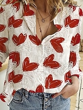 abordables Tops de Arte y Diseño para Mujeres-Camisa de mujer corazón diaria estilosa de manga larga con cuello de camisa tops largos diarios para salir botones estampados rojos verano primavera