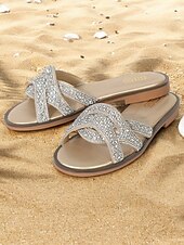 olcso Nyári szandálok-női bohém strasszkő lapos szandál – csillogó, felcsúsztatható strandcsúszdák keresztezett pántokkal nyári és hétköznapi viselethez