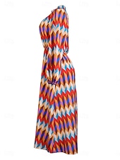 ieftine Rochie cu dungi și geometrică-Pentru femei Rochii Midi Rochie casual Rochie A line Stilat Casual Vacanță Zilnic Fit regulat Geometric Manșon Lung Guler de stand Curcubeu Vară