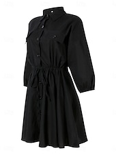 economico disegnare abiti in cotone e lino-Per donna Mini Abito Abiti in cotone e lino Abito Camicia Vestito Casual Essenziale Casual Vacanza Quotidiano Vestibilità regolare Semplice Manica 3/4 Colletto a Camicia Nero Cachi Estate