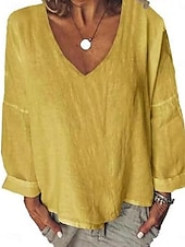 cheap Shirts-Women&#039;s Shirt Blouse Cotton Linen Shirts Solid Color Basic Casual Long Sleeve V Neck Regular Tops Daily White Yellow Summer Spring