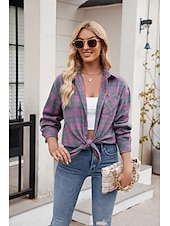 cheap Women&#039;s Graphic Tops-Women&#039;s Shirt Boho Shirt Dressy Tops Plaid Casual Boho Long Sleeve Bishop Sleeve V Neck Long Tops Work Daily Going out Pink Dusty Blue Purple Khaki Dark Gray Spring Fall